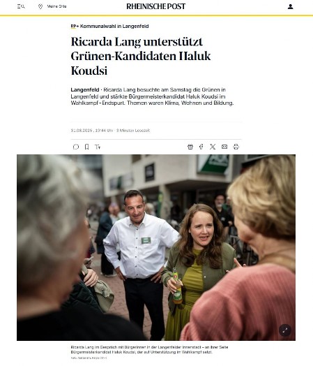 Ricarda Lang unterstützt Grünen-Kandidaten Haluk Koudsi. Bericht in der Rheinischen Post.